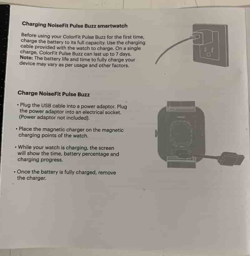 Noise ColorFit Pulse Buzz User Manual Guide for charging instruction